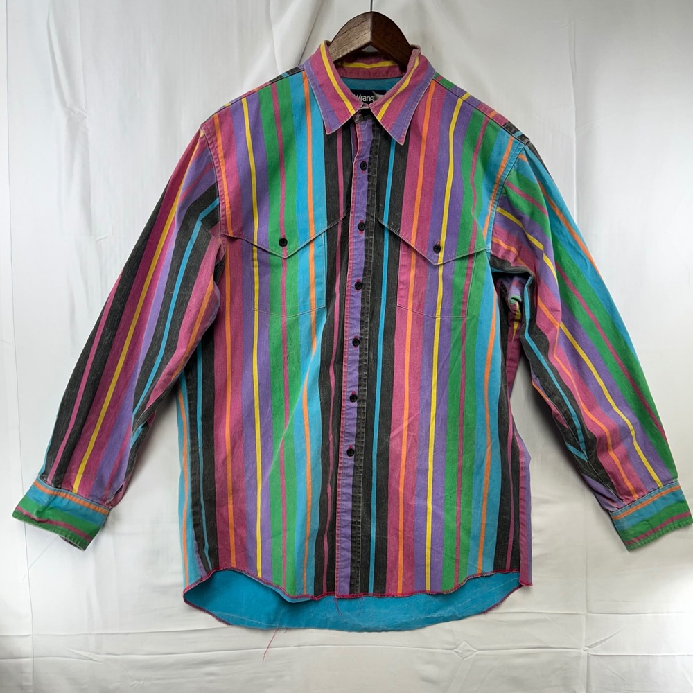 Wrangler Brushpopper Western Mens 16.5 x 35 Multi-Color Striped Long Sleeve 90s